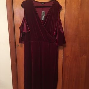 Red velvet, cold shoulder dress